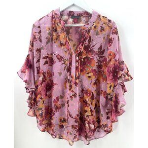 Vince Camuto Pink Purple Floral-Print Flutter-Sleeve Blouse Size L Boho AC35